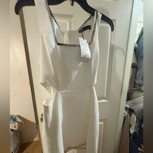 Zara White Asymmetrical Dress with Black Trim